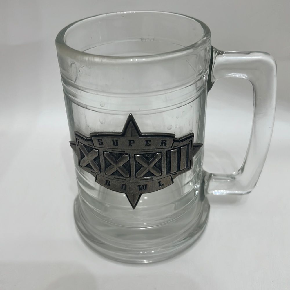 Super Bowl XXXII Beer Mug 12 Oz Glass Stein Silver Metal Vintage Classic Durable